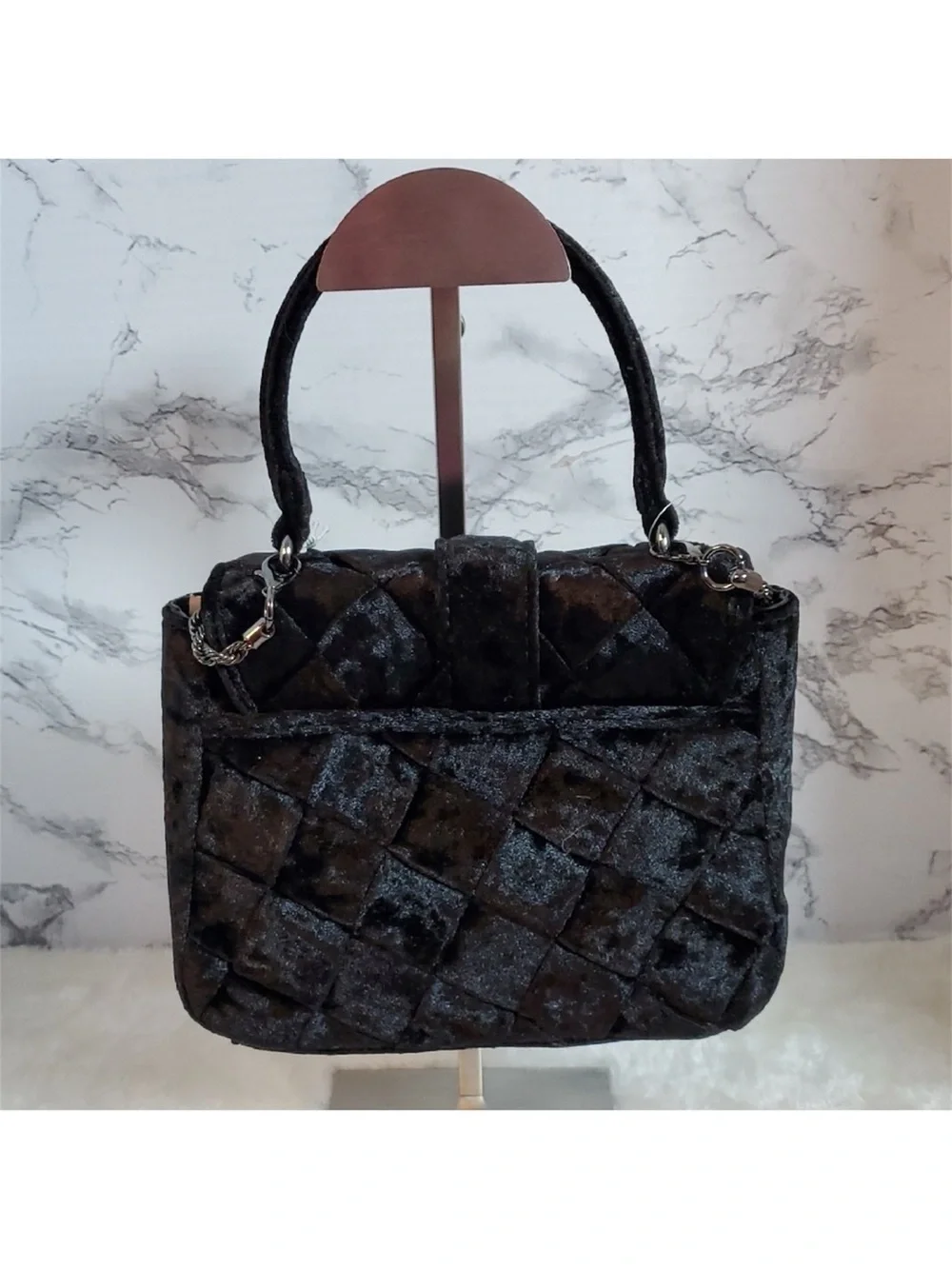 Sam Edelman Black Quilted Velvet Shoulder Bag with Jeweled Buckle Accent